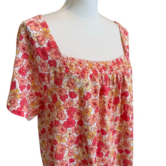 Lands End Top Women's Size XL 18 Floral Pink Lightweight Smocked Short Sleeve - Picture 4 of 10